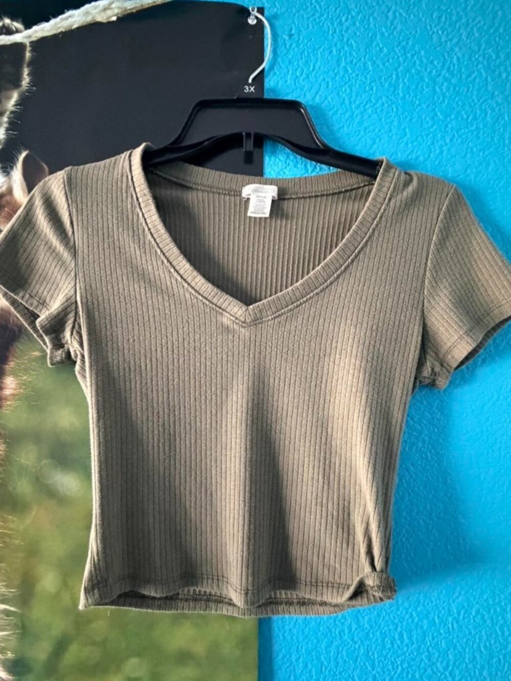 Olive Green Ribbed V‑Neck Crop Top Short Sleeve Tee